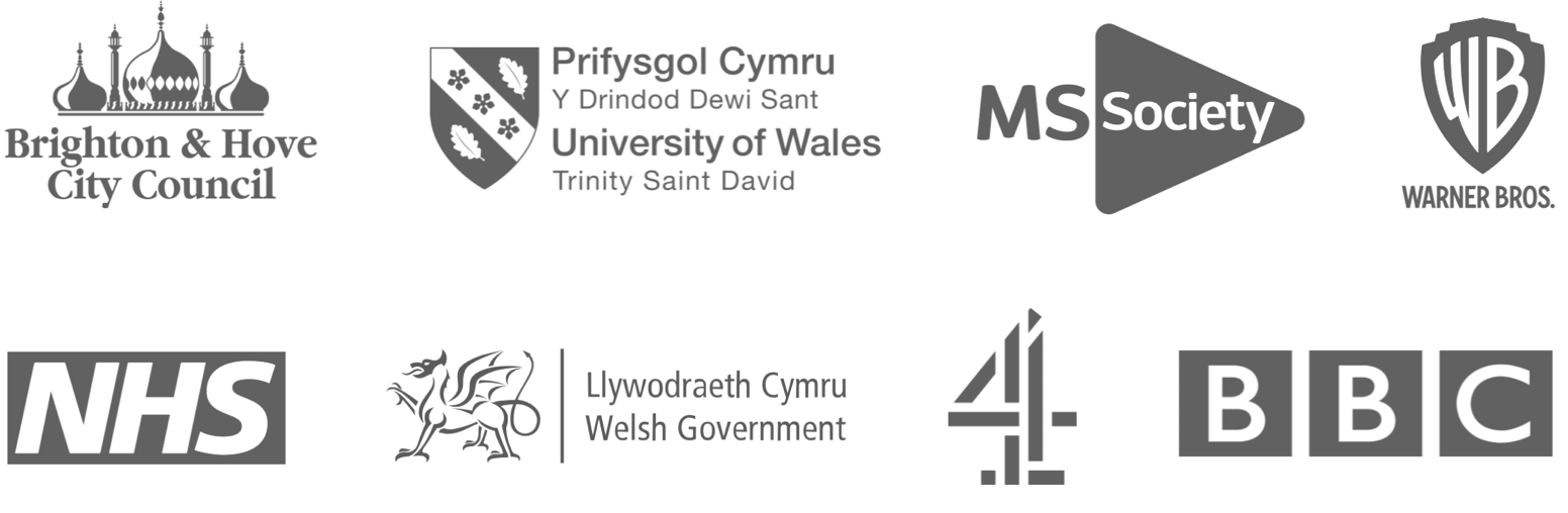 Logos of Crighton and Hove City Council, The university of Wales, the MS Society, Warner Brothers, ERW, the NHS, Channel 4, the BBC
